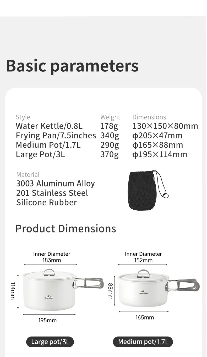 Naturehike Camping Cookware Ceramic Non-Stick Set Lightweight Portable Tableware Kettle Frying Pan Pot Cookset Kitchen Utensils