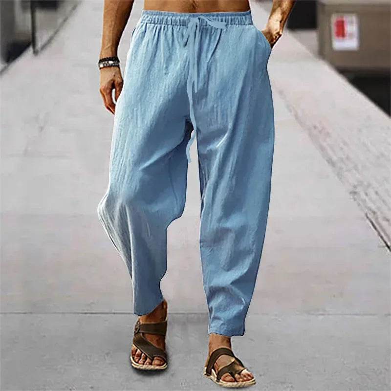 2025 Men Cotton Linen Pants Summer and Autumn Solid High Waist Wide-Leg Trousers Male Loose Hemp Casual Breathable Sports Pants - AIAZ