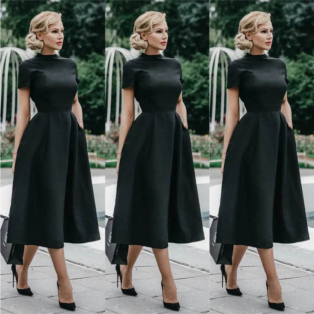 2022 Women Elegant Black Dress Half High Collar High Waist A-Line Dresses Slim Fit Midi Dress Office Lady Female Solid Vestidos - AIAZ