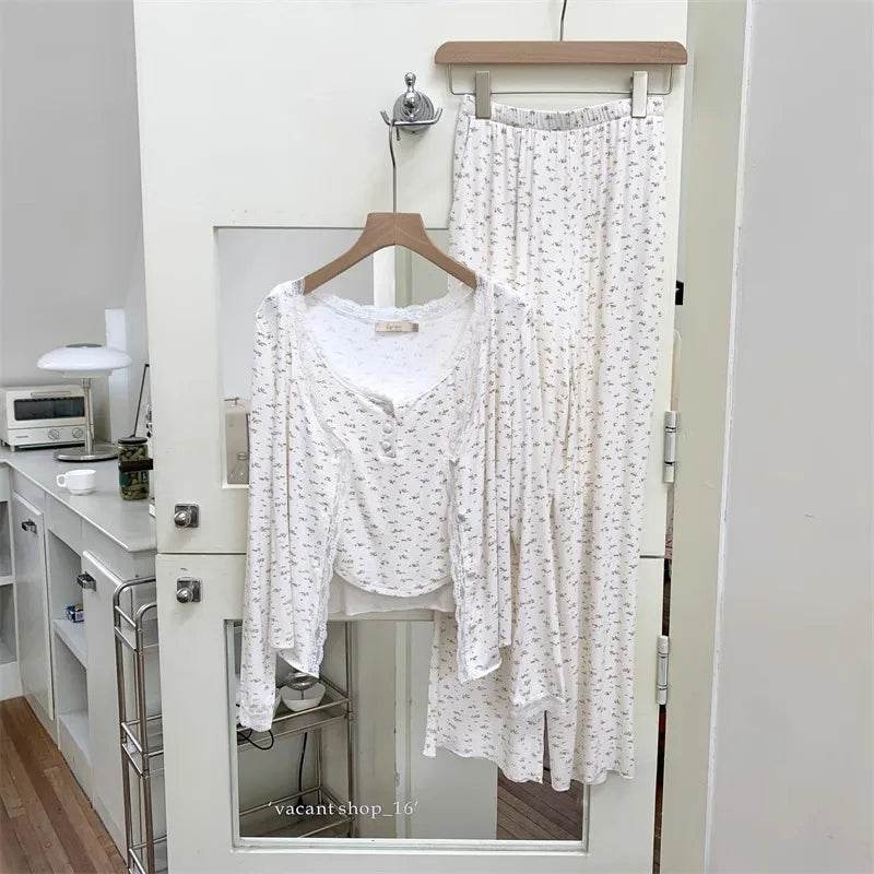 Three-Piece Pajama Set for Women Floral Lace Sweet Cardigan Camisole Homewear Long Sleeves Long Pants Fancy Underwear Ladies - AIAZ
