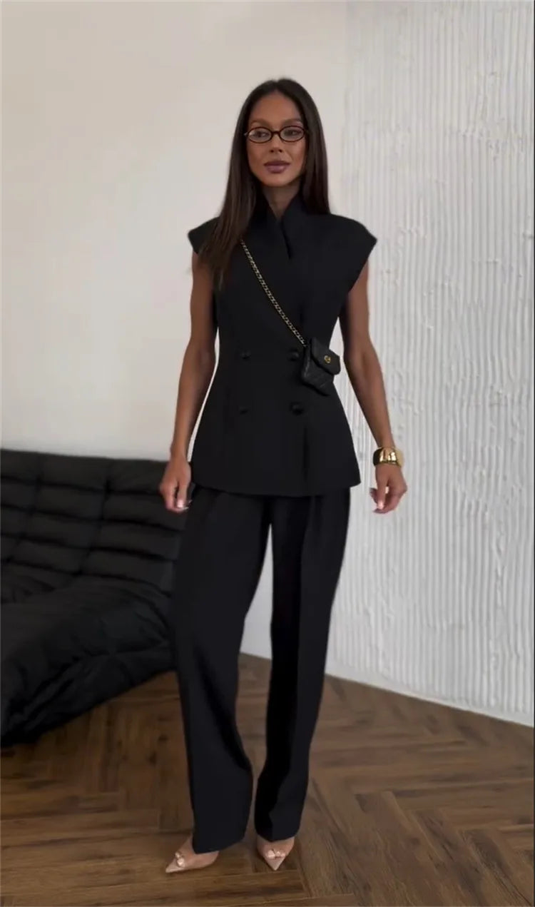 Street Slim Vest Pant Outfit Spring Women Sleeveless Double Breasted Tank Top+High Waist Zip Wide Leg Pants Summer Two Piece Set