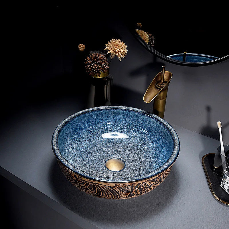 ZAPPO Round Vessel Sink with Faucet Drain JinDezhen Ceramic Vessel Sinks Oval Bathroom Sink Bowl Above Counter with Mixer Tap