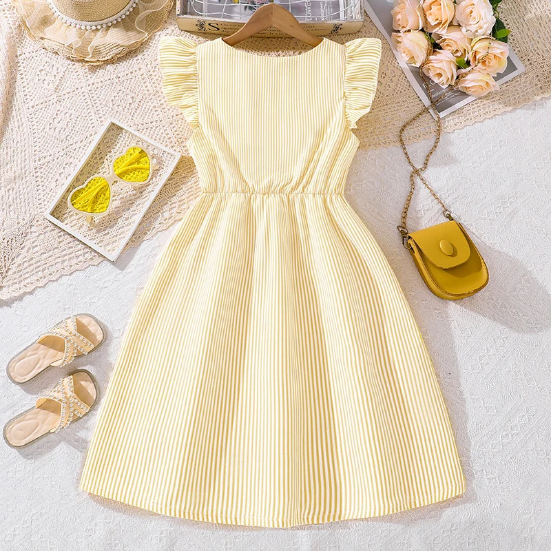 Girl Dress Summer New Light Blue Stripe Ruffled Sleeveless V-Neck Dress Elegant Cute Daily Casual Vacation Preppy Style Outifits