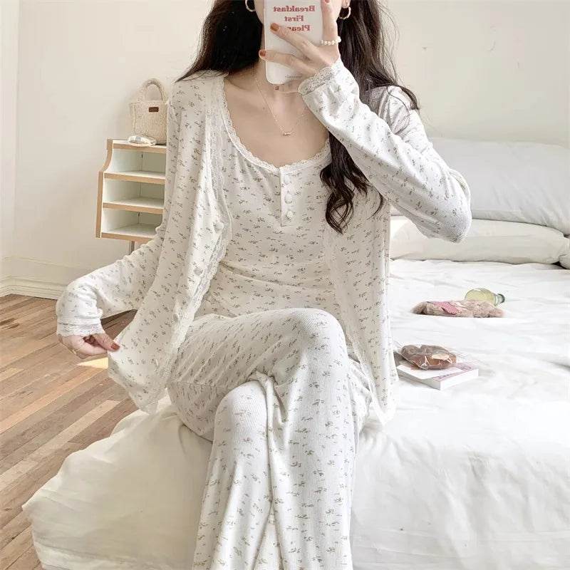 Three-Piece Pajama Set for Women Floral Lace Sweet Cardigan Camisole Homewear Long Sleeves Long Pants Fancy Underwear Ladies - AIAZ