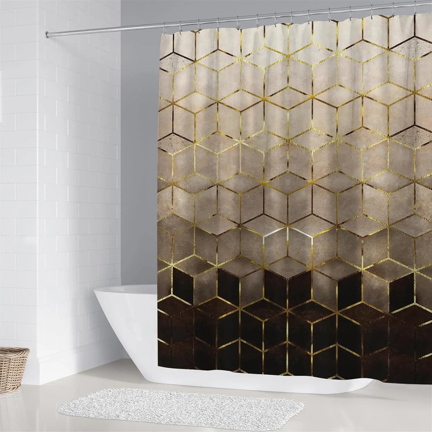 4Pcs Brown Gradient Shower Curtain Set, Modern Geometric Shower Curtain Set Golden Cubic Lines Bathroom Set Texture Art Bath Acc
