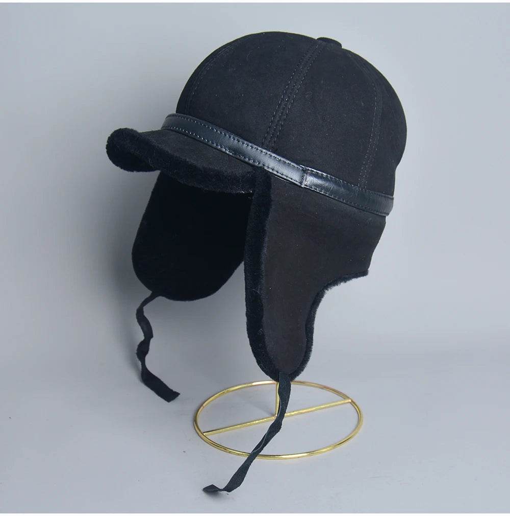 High Quality 2025 Winter Leather Hat Men Fur Lamb Wool Warm Thick Earflaps Bomber Hats Men's Baseball Cap Russian Hat - AIAZ
