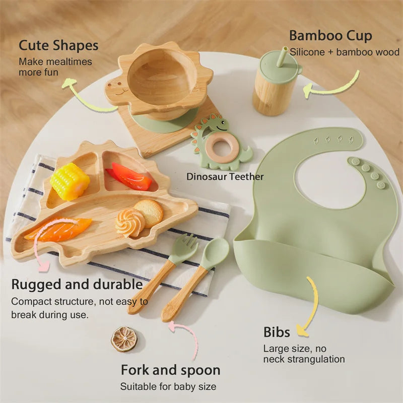 7pcs Silicone Baby Feeding Set Baby Feeding Supplies Kids Bamboo Dinnerware With Cup Children's Dishes Bowl Stuff Tableware Gift