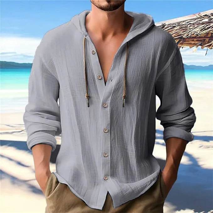 Men's T-shirt Long-sleeved Hooded Cotton Linen Buttons Basic Casual Street Fashion Top Streetwear Tees - AIAZ