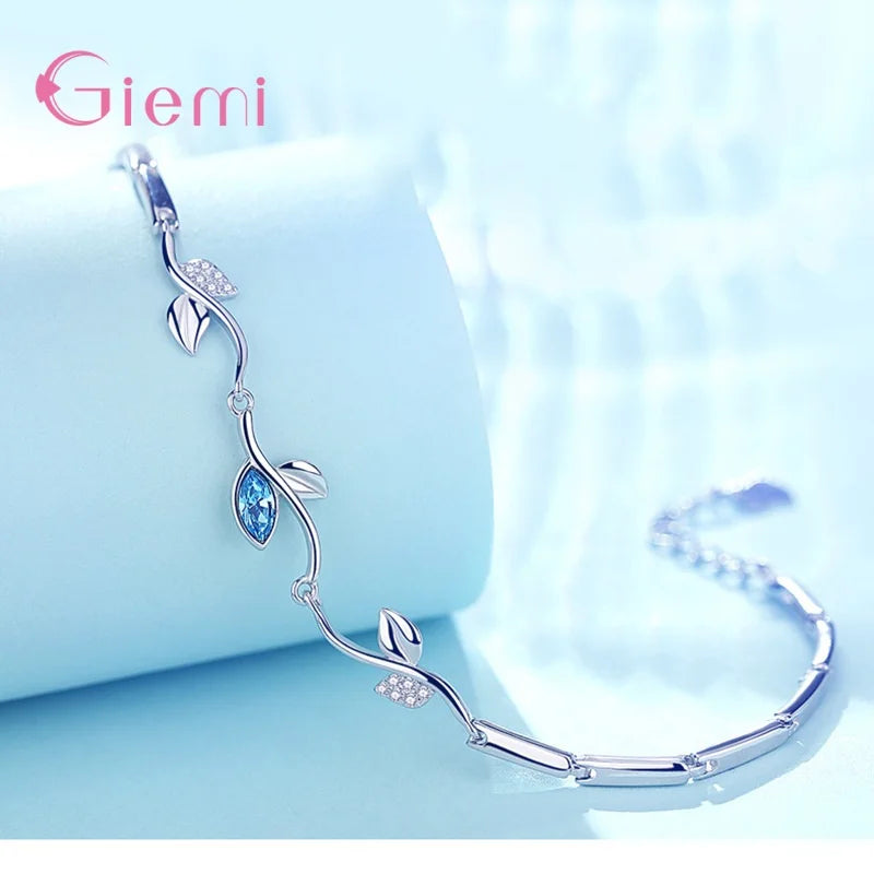 Charm 925 Sterling Silver Leaf Design Blue Crystal Zircon Bangle&Bracelet For Women Girls Wedding Party Fashion Jewelry Gifts