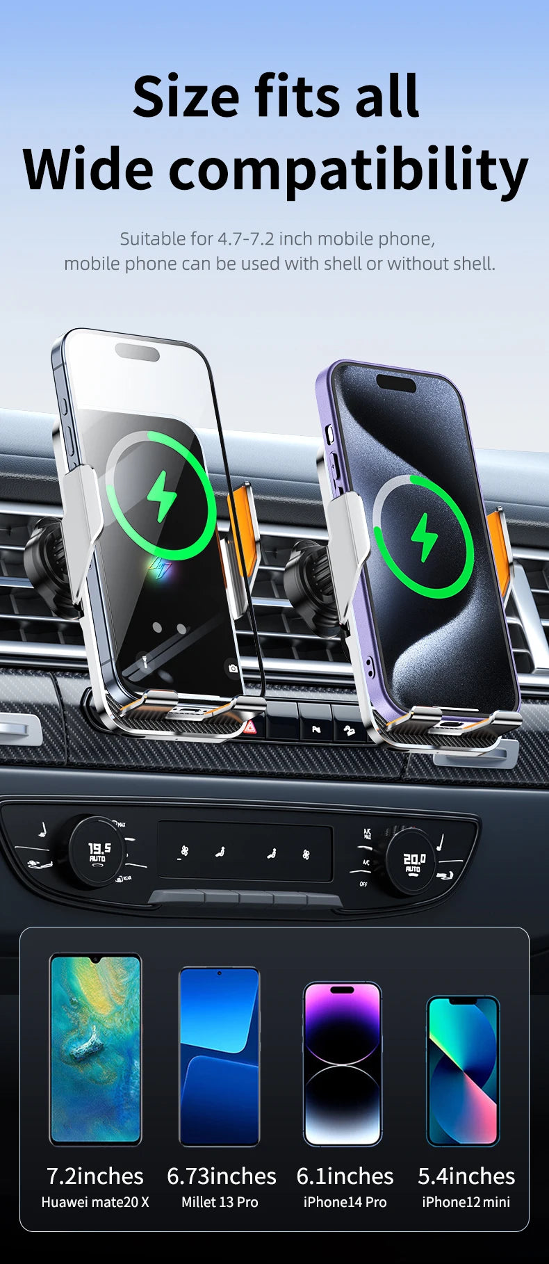 15W Wireless Car Phone Holder with Fast Charger Wireless Phone Charging Mobile Holder for Car for iPhone Huawei Samsung Xiaomi