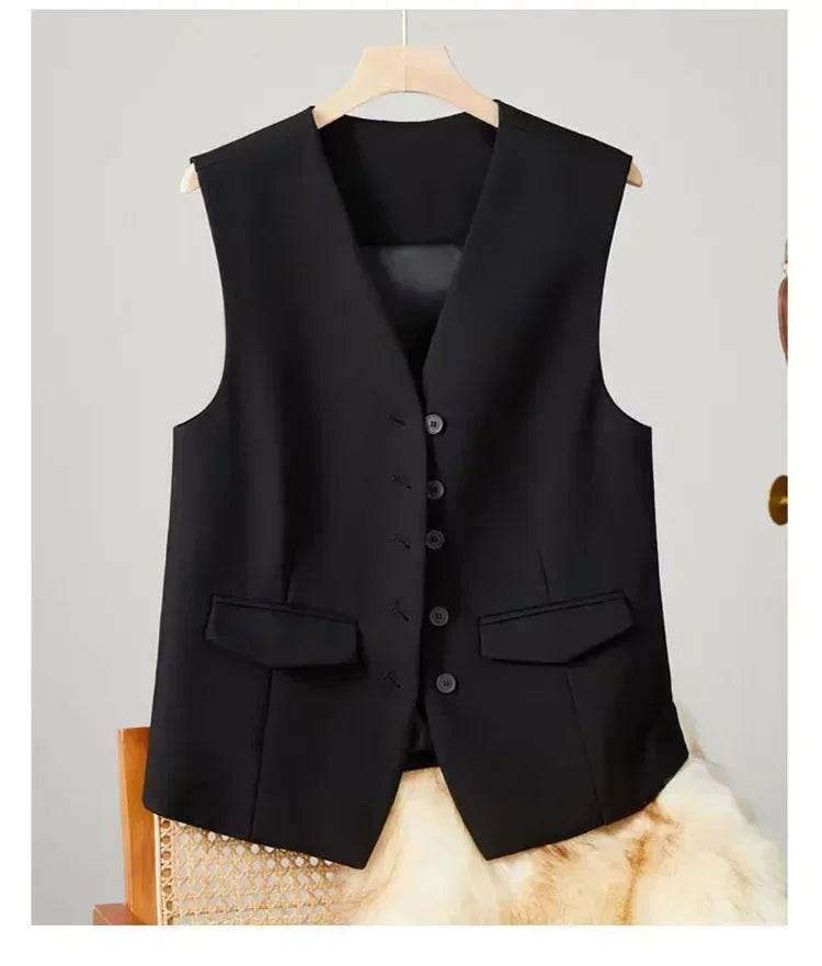 Women Suit Vest Elegant Women's V Neck Business Vest Sleeveless Waistcoat for Office Commute Style Solid Color Single-breasted - AIAZ