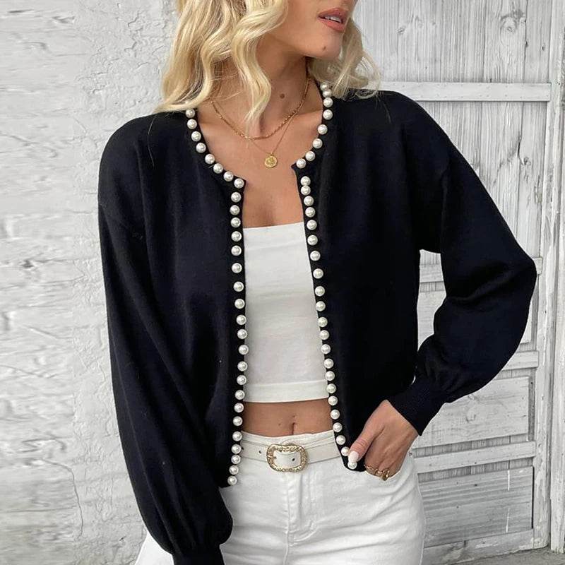 Women Casual Cardigan Sweater Elegant Long Sleeve Knit Sweater With Pearls Elegant White Sweater Coat Jacket - AIAZ
