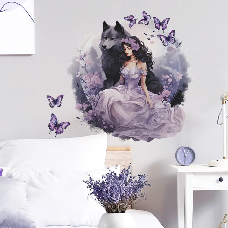 Purple Wolf Girl Vinyl Wall Decal For Kids Room Decoration Room Decor Bedroom Accessories Wall Art Home Decoration Wall Decor