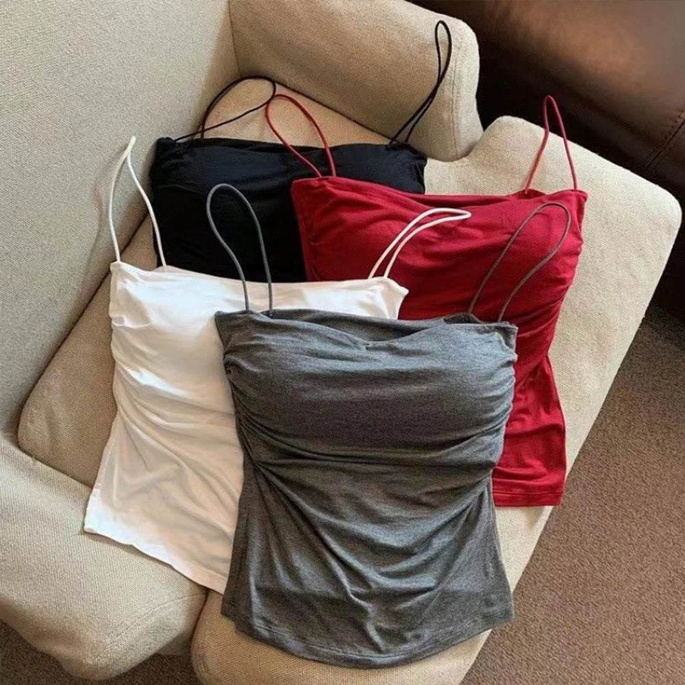 Summer Camisoles Tank Tops Women With Built In Bra Spaghetti Strap Tanks Vest Sleeveless Tees Cropped Top Solid Color Casual Top - AIAZ