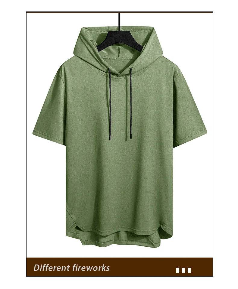 2025 Men's Summer Hoodies T-shirts Short Sleeve Solid Color Loose Hooded Drawstring Pullover Tops Basic Tees for Daily Wear Male - AIAZ