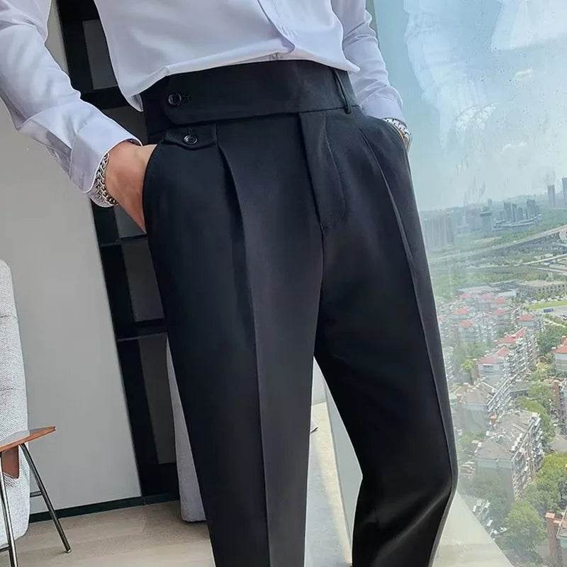 Men Elegant Formal Suit Pants for Party Wedding Solid Khaki Stand Pocket Trousers Italian Naples Fashion Buttons Up Suits Pants - AIAZ