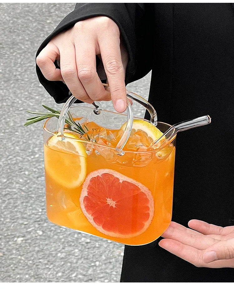770 Ml Handbag Glass Beverage Cup Cocktail Glass Wine Cups with Straw Creative Fruit Tea Juice Mug for Home Special Drinkware
