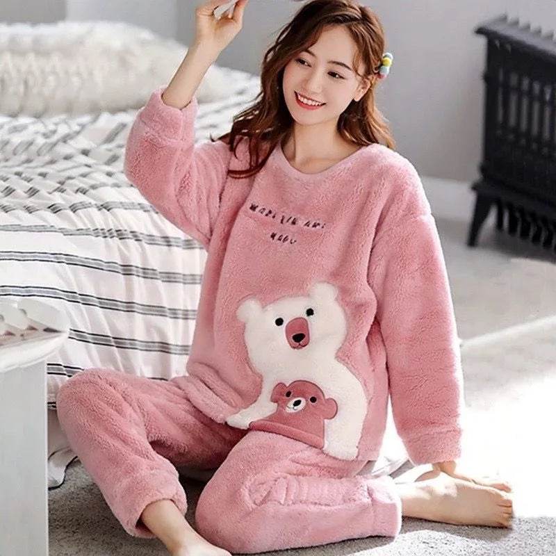 Women Pajamas Autumn Winter Flannel Warm Woman Sleepwear Korean cute Cartoon Pajama Set Fashion Pijama Mujer Home Cloth Pyjamas - AIAZ