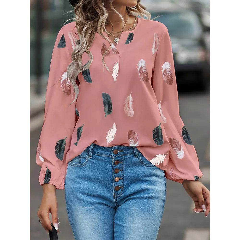 Fashion Woman Blouse Shirts For Women Stylish Top long Sleeve Feather Pattern Female Tops Elegant Chiffon Mujer Woman Clothes - AIAZ