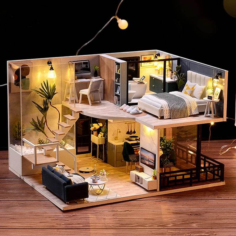 Doll House Kit 3D Wooden Mini DollHouse Assembly Building with Furniture Kit Toys Children's Birthday Gift 3D Puzzle Handmade - AIAZ