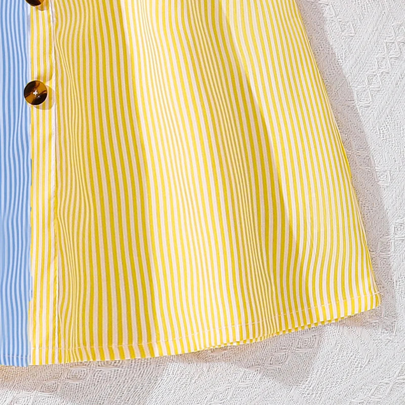 Girl Dress Summer New Light Blue Stripe Ruffled Sleeveless V-Neck Dress Elegant Cute Daily Casual Vacation Preppy Style Outifits