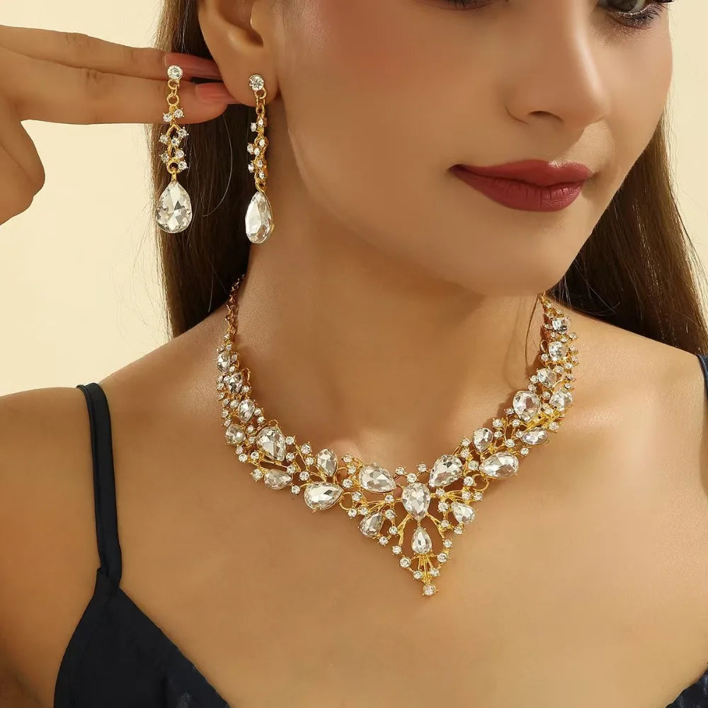 Fashion Crystal Bridal Necklaces Earrings Shining Elegant Rhinestone Jewelry Set Exquisite Necklace Earrings Set Banquet