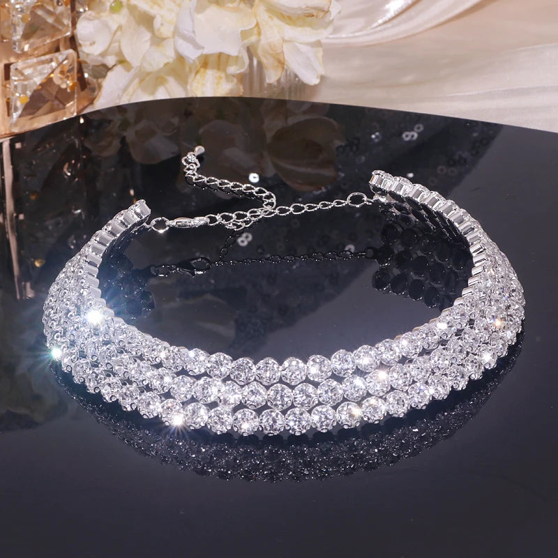 Classic Rhinestone Crystal Choker Necklace Earrings and Bracelet Set for Women Silver Color Bridal Wedding Party Jewelry Sets