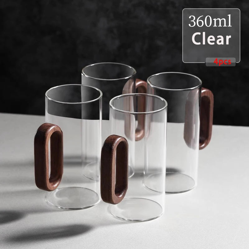 2/4/6pcs Glass Mug With Wooden Handle Heat-resistant Teacup Set Transparent Breakfast Milk Juice Cup Home Party Drinkware