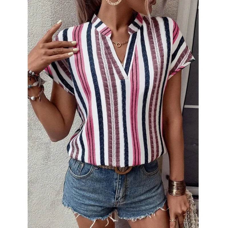 Women's Tops Blouses New 2025 Summer Casual Fashion Striped Print V-neck Short Sleeve Shirt Elegant Women Shirts Tops Streetwear - AIAZ