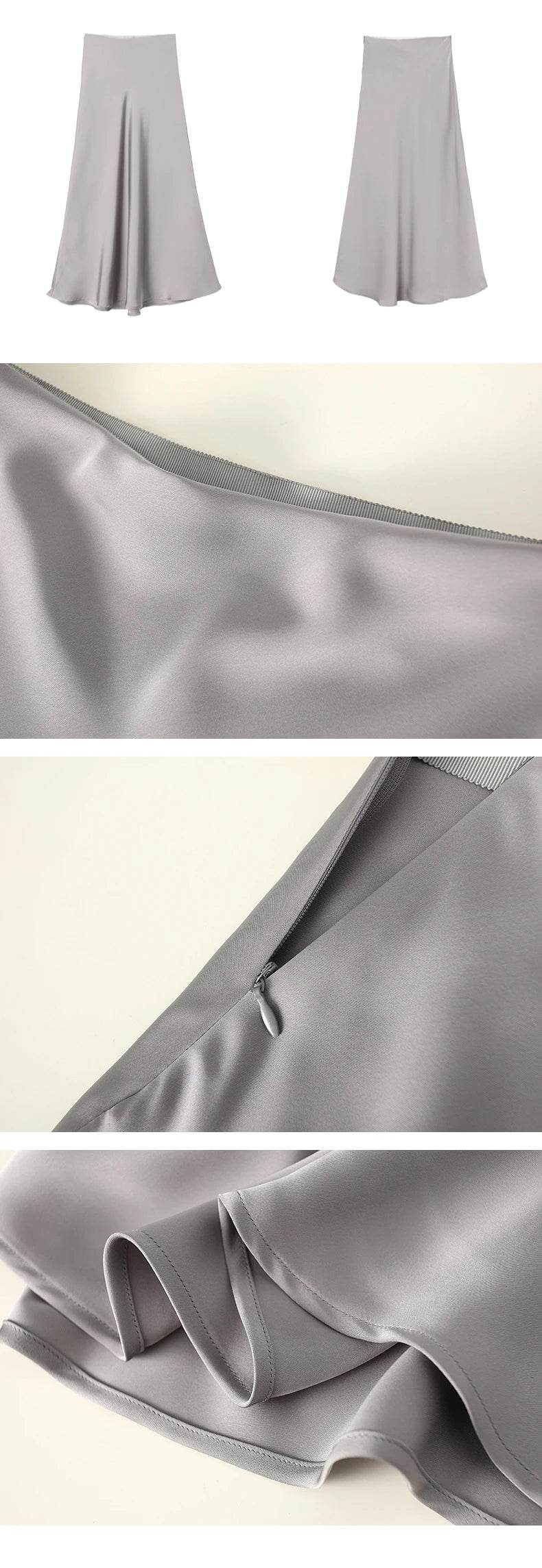 High Waisted Satin Long Skirts for Women Spring/Summer New 2025 Women's Skirt A-line Fashion Elegant Slim Fit Grey Black Skirt - AIAZ