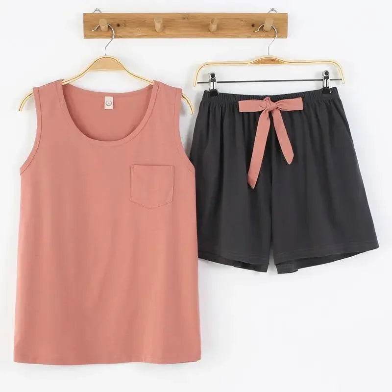 New women's pajamas set summer Cotton solid color top print shorts sleepwear Korean kawaii home clothes pijama two piece set - AIAZ