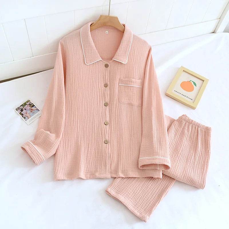 Solid Breathable Lovers 100% Cotton Crepe Pajamas Sets Women Men Autumn Long Sleeve Fresh Soft Pijama Mujer Casual Pyjamas - AIAZ