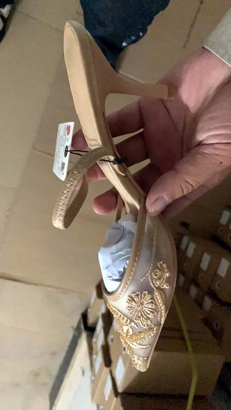 Mesh Embroidery Heeled Sandals Women Sexy Pointed Toe String Bead Slingback High Heels Summer Elegant Party Dress Designer Shoes - AIAZ