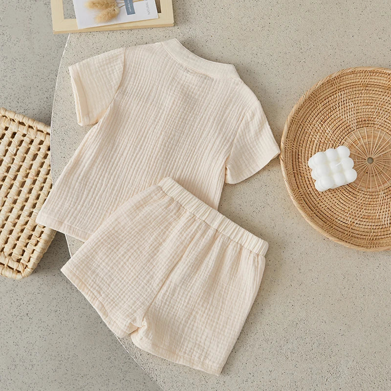 Suefunskry Toddler Boys Summer 2Pcs Casual Outfits Solid Color Short Sleeve Button Tops and Elastic Waist Shorts Sets 6M-4Y