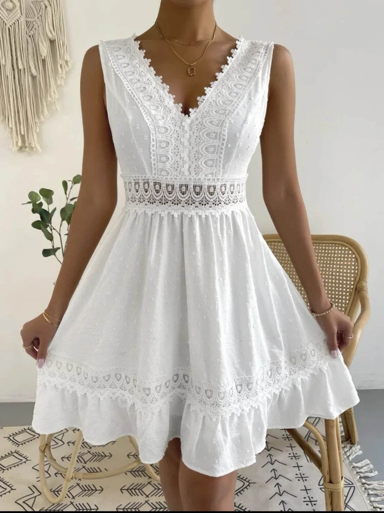 Women's White Party Dress Fashion Lace V-neck Ruffle Hook Flower Hollow Waist Mini Women Dresses Summer Sexy Prom Female Vestido - AIAZ