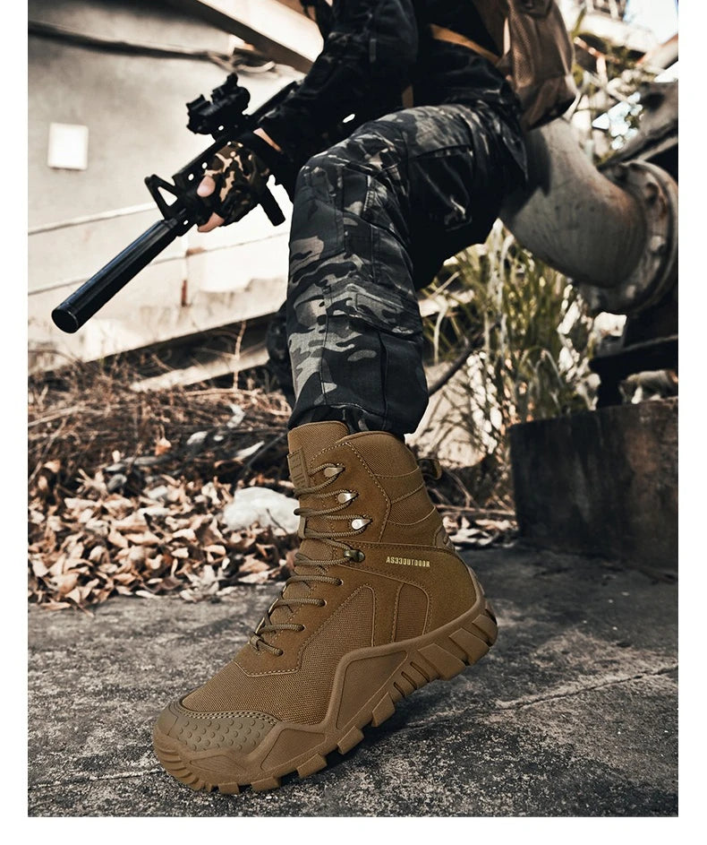 Outdoor Hiking Shoes Men Casual Combat Boots Men Breathable Wear-resistant Anti-slip Flat Comfortable High-top Boots Men