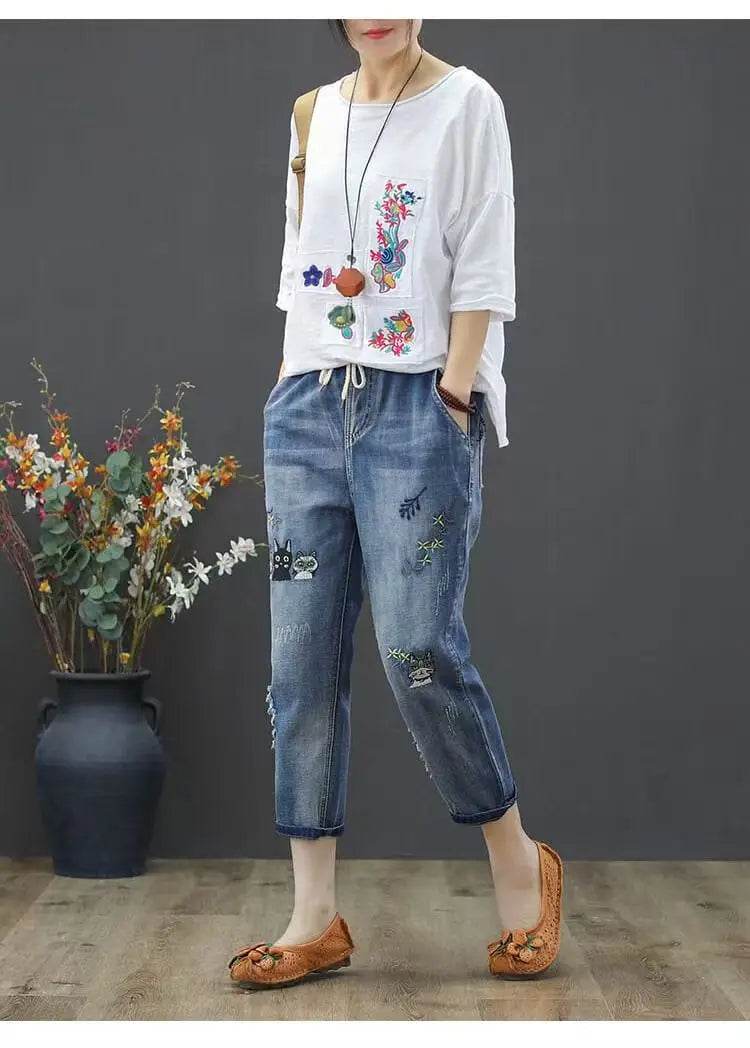 Womens Vintage Floral Loose Denim Pants 2025 Spring Chinese Style Casual Ripped Blue Jeans Holes Elastic Harem Trousers - AIAZ