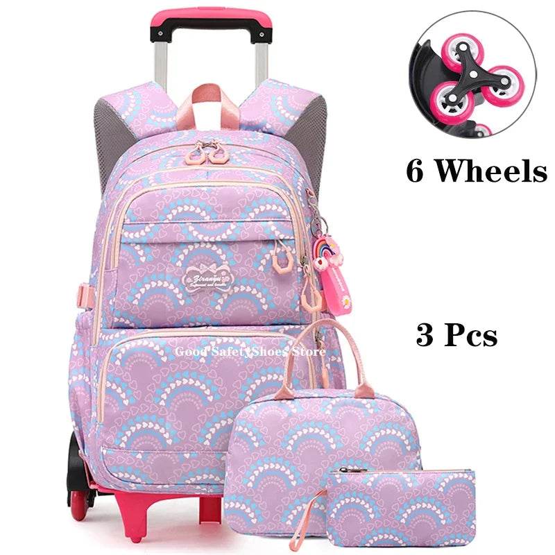 Rolling School Bags for Girls Backpack Children Waterproof School Backpacks with Wheels Middle School Trolley Luggage Back Pack - AIAZ