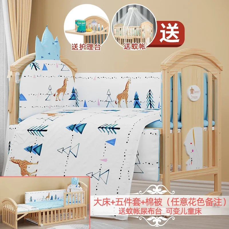 Baby Crib Multifunctional BB Baby Crib Solid Wood Unpainted Cradle Bed Movable Newborn Children Splicing Large Bed