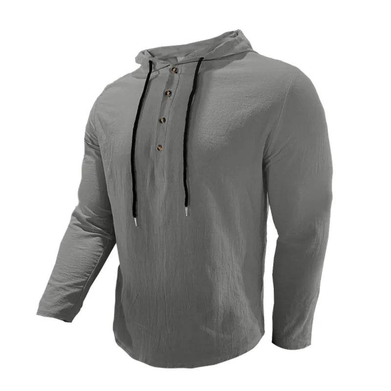 24 New cotton and linen shirts hooded loose large size casual sweater long sleeve hoodie men - AIAZ