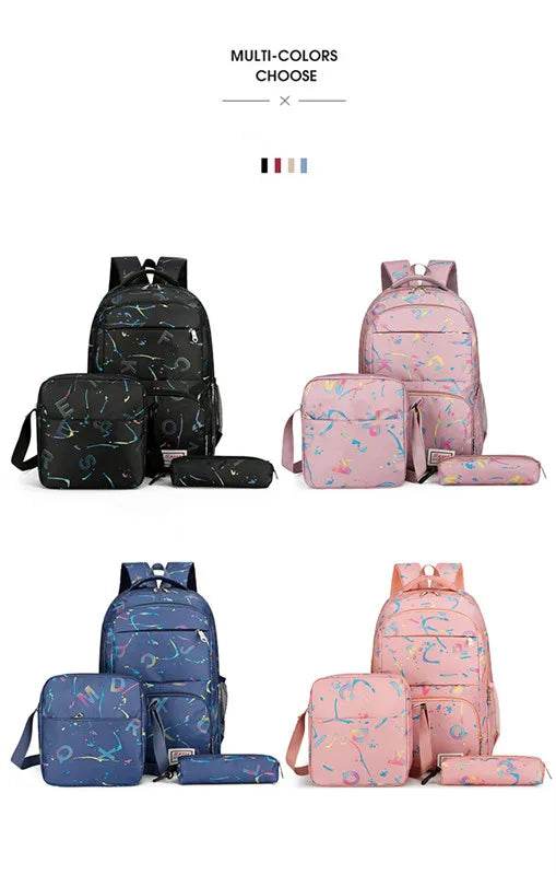 Three piece set of large capacity school backpack versatile letter printed casual backpacks junior high school student schoolbag - AIAZ