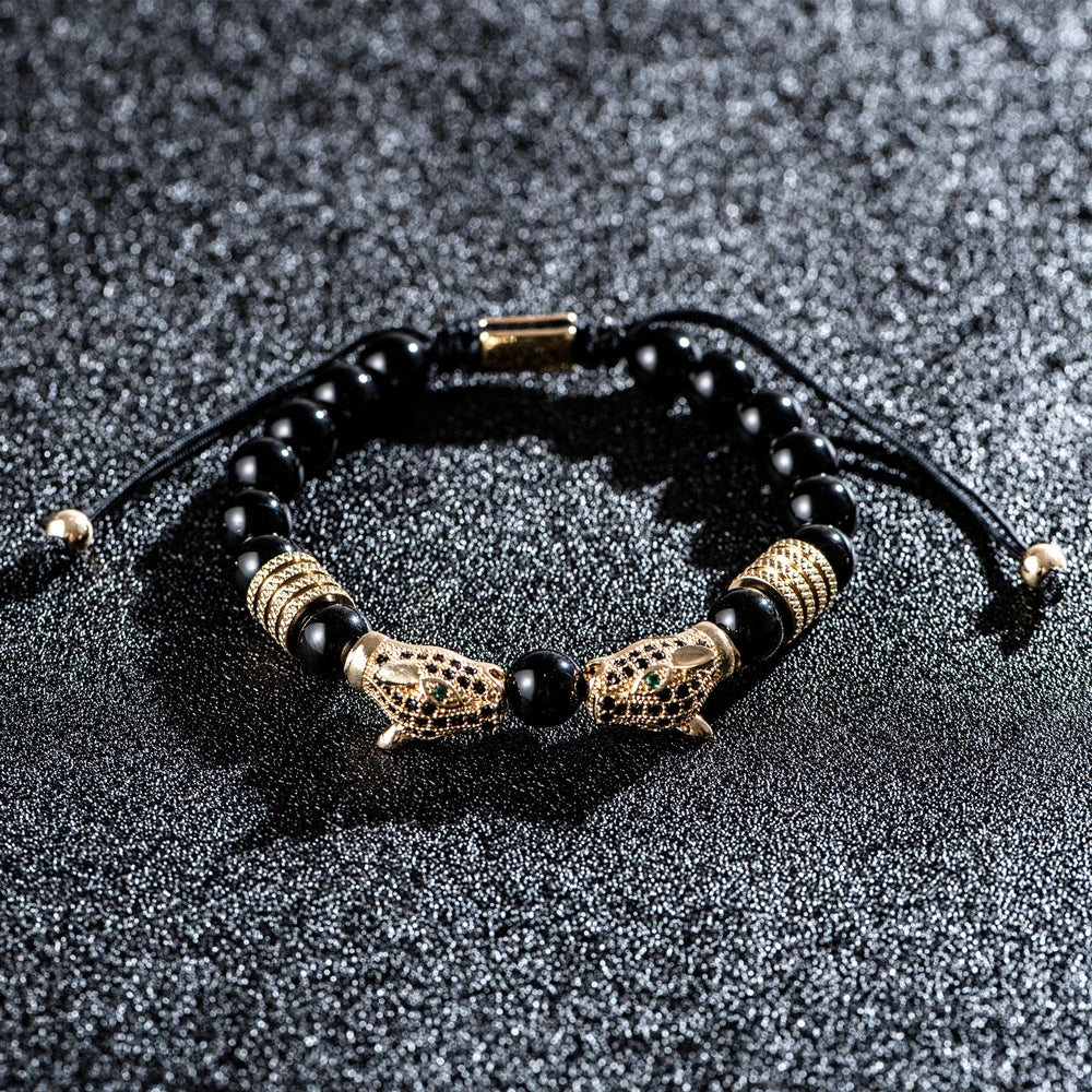 New Trend Double Leopard head Handmade tiger's-eye Bracelets  Accessories Handmade Men's Jewelry Pulseras homme