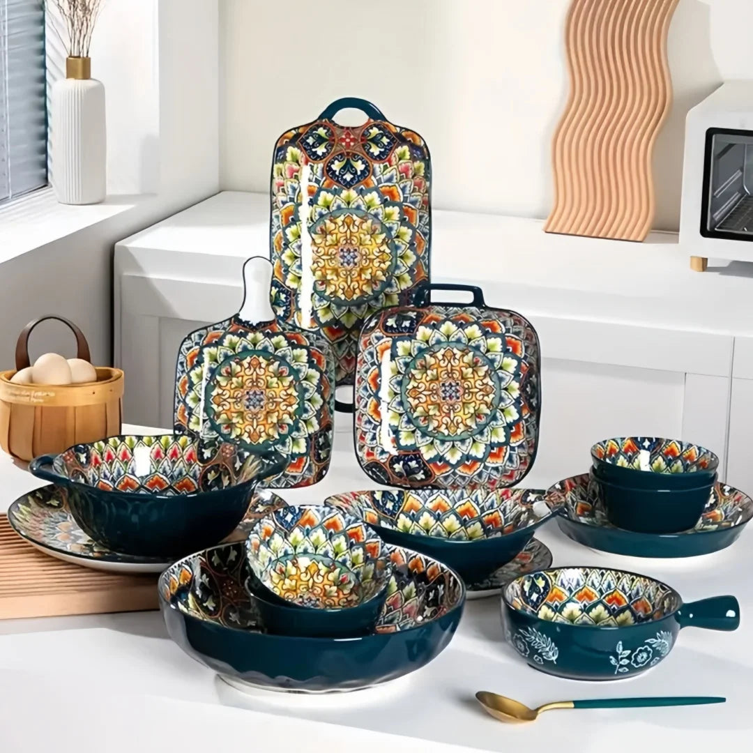 Bohemian ceramic plate 7-piece set cross-border high-value plate household new dessert plate underglazed plate spaghetti bowl