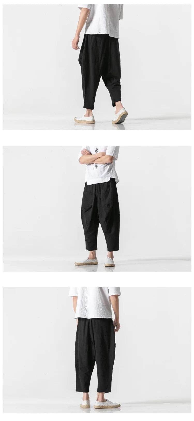2025 Men Linen Pants Mens Wide Crotch Harem Pants Man Chinese Style Ankle-Length Pants Male Wide-Legged Bloomers Trousers - AIAZ