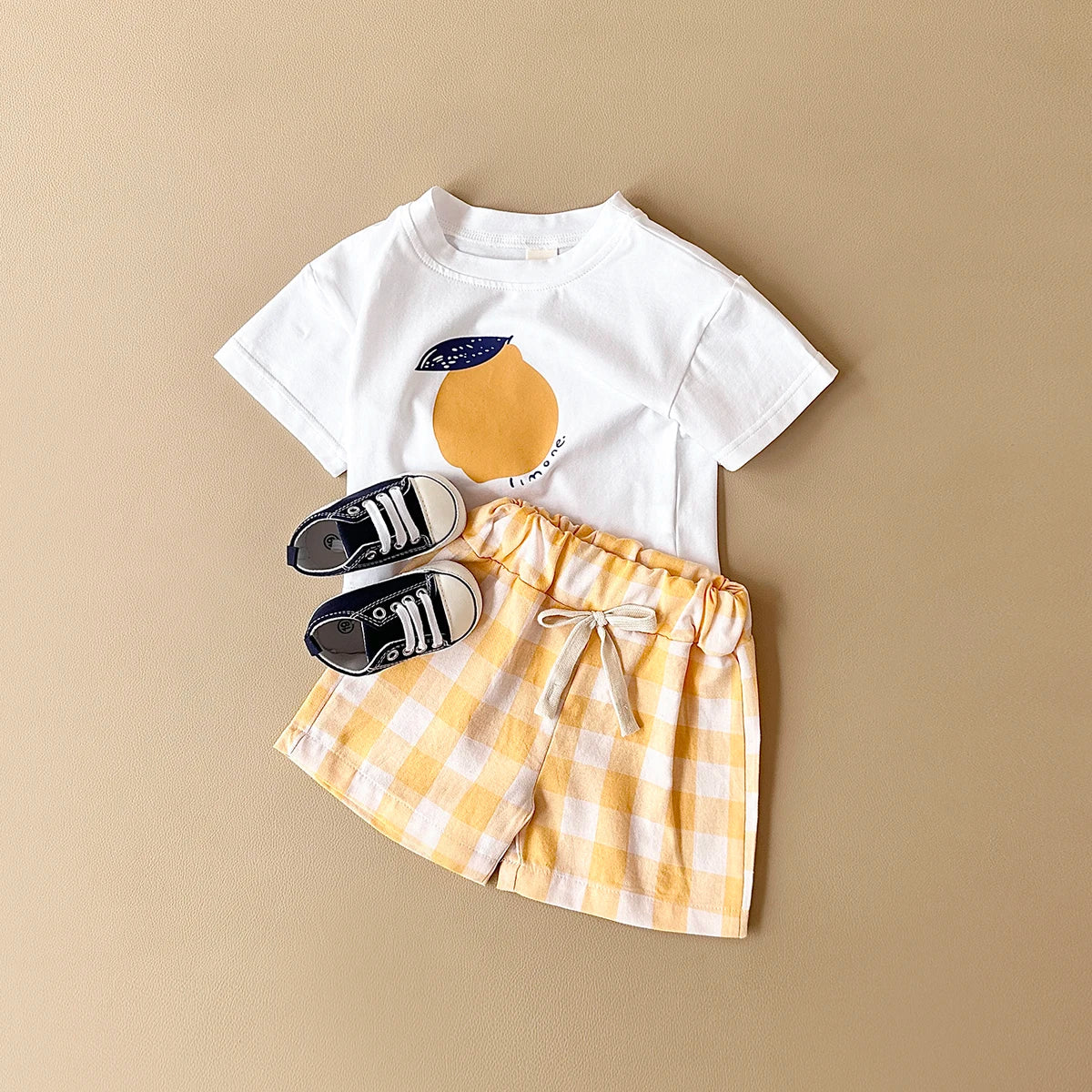 2PCS Summer Baby Boys Girls Clothes Set Lemon Print T-shirt+Checkered Shorts Beach Infant Toddler Outfit Suit 0-3Y