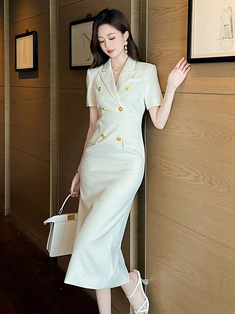 Fashion Elegant Business Dresses Women Clothes Sweet OL Professional Double Breasted Midi Robe Meeting Work Style Party Vestidos - AIAZ