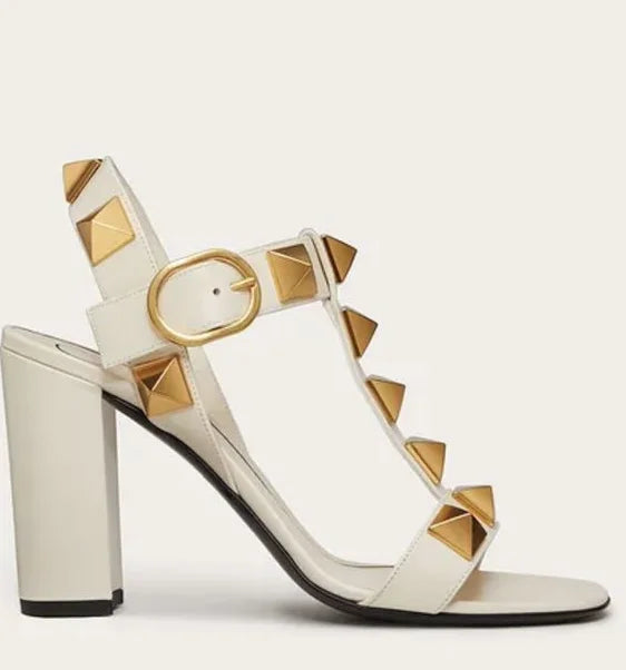 Rockstud Block Heel Leather Sandals Roman Stud Pink Black White Buckled High Heels Summer New Luxury Designer Shoes on Offer