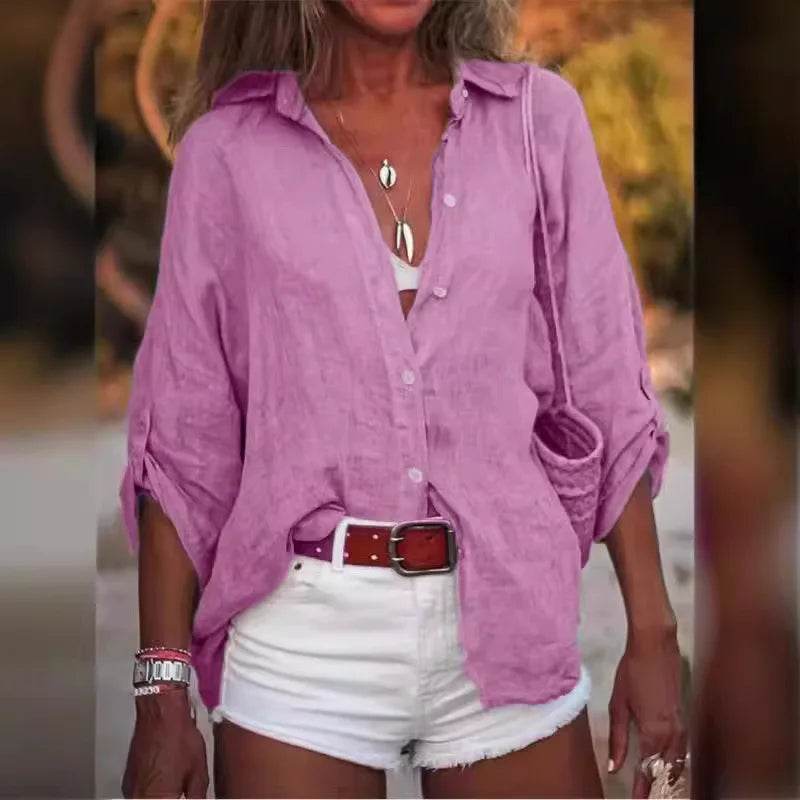 Women Cotton Linen Blouse Shirt Summer Female Turn Down Collar Three Quarter Loose Blouse Tops Woman shirts & blouses - AIAZ