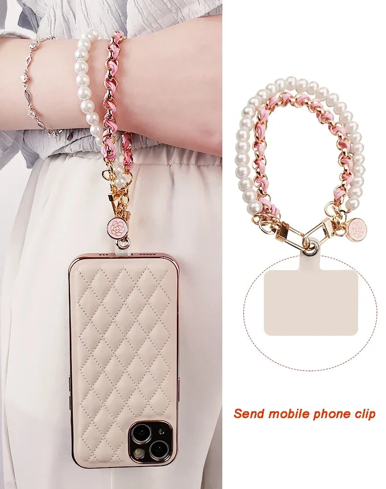 26cm Leather Pearl Camellia Mobile Phone Charm Bracelet Chain Anti-lost Universal Cell Phone Strap Rope Pendant Metal Key Chain