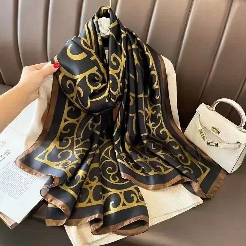 New Summer Women's Silk Scarf Sun Protection Satin Print Extra Long Beach Cover Up Decorative Mom's Shawl Fashionable Accessory - AIAZ